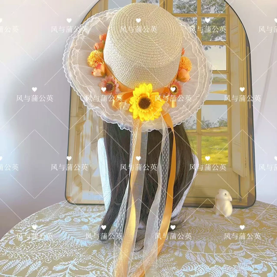 原创纯手工梵高向日葵草编蕾丝油画风花朵夏日帽子夏天ol小香风