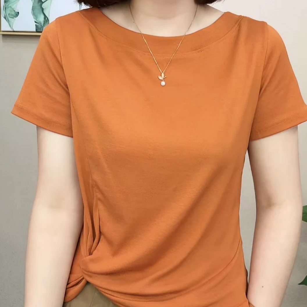 90棉2025夏季短袖圆领上衣扭结洋气减龄百搭收腰显瘦妈妈装T恤
