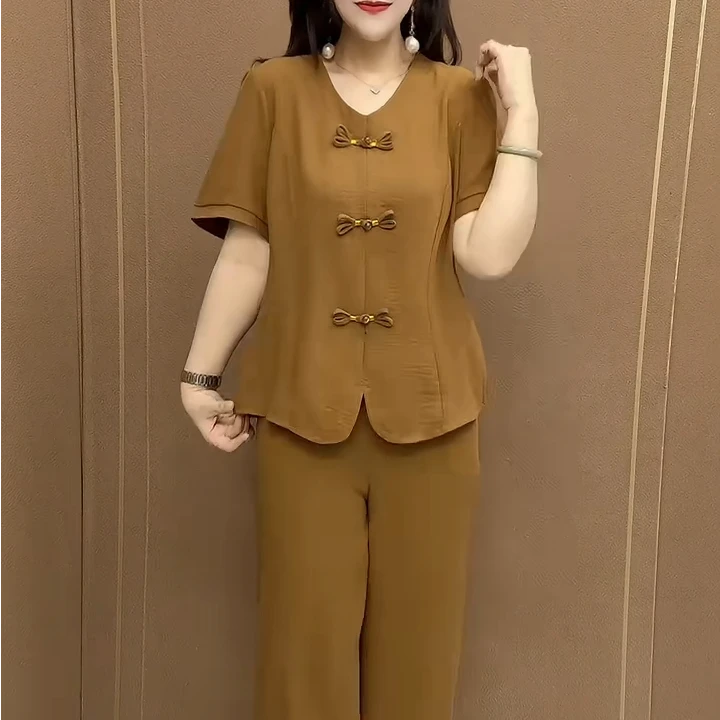 高档精品妈妈纯色减龄短袖两件套夏季薄款大码宽松遮肉百搭休闲女