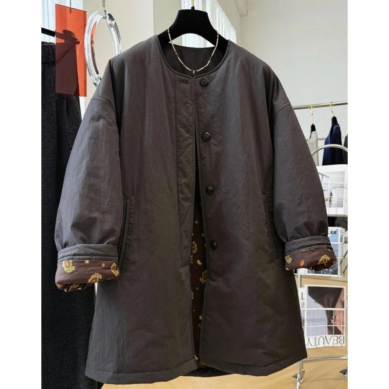 韩系慵懒风宽松休闲中长款夹棉工装外套女秋冬复古保暖薄款棉衣