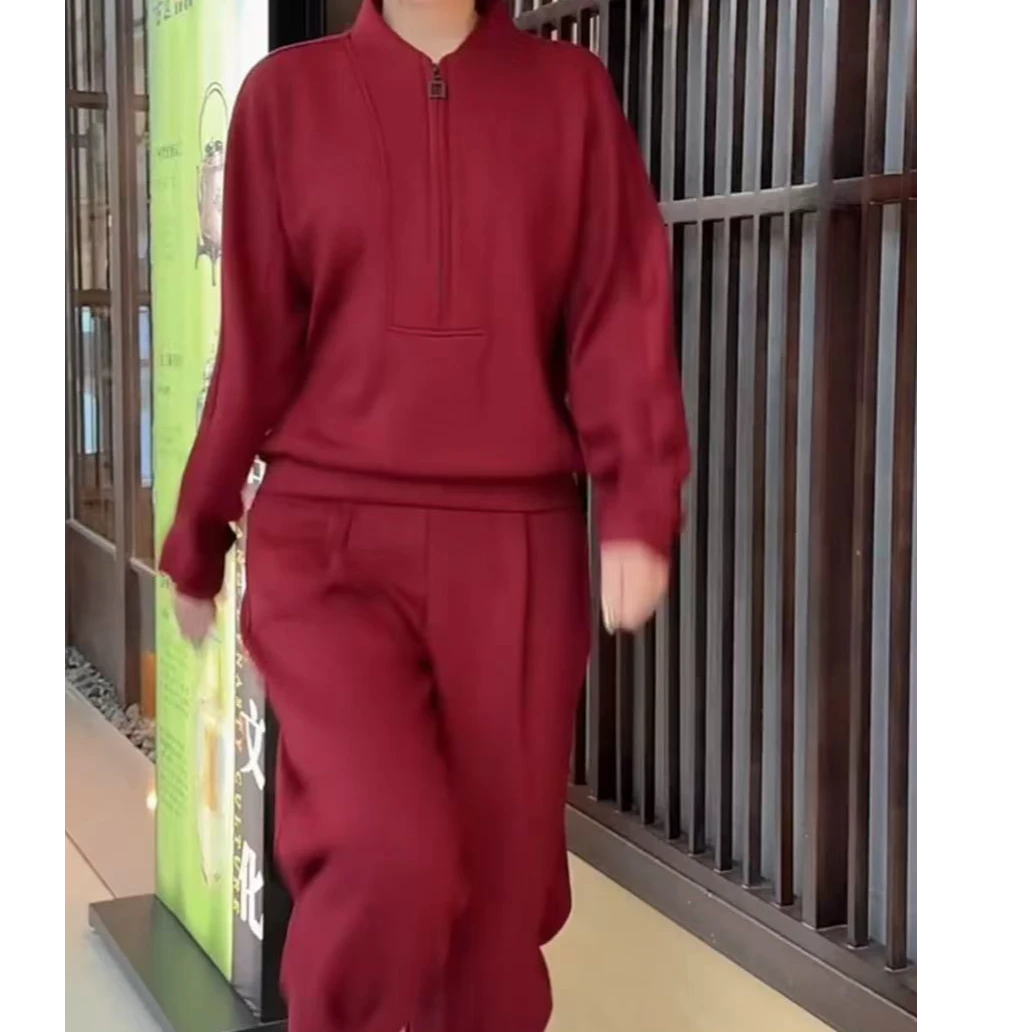 大码时尚潮流半拉链休闲运动宽松遮肉显瘦上衣+裤子