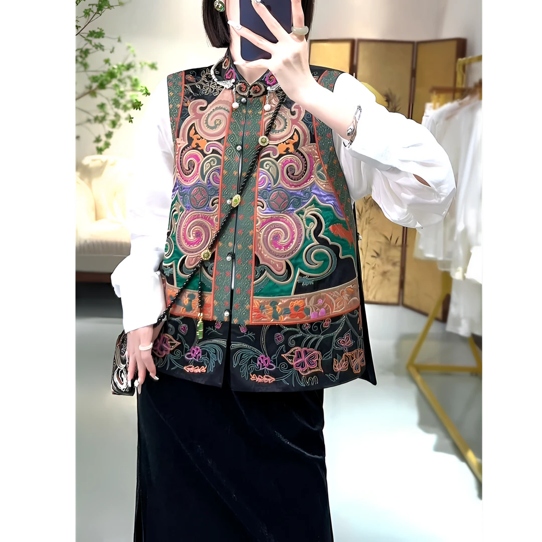 HX早春醋酸香 云纱绣花马夹打籽绣双色立领精致高雅复古上衣马甲