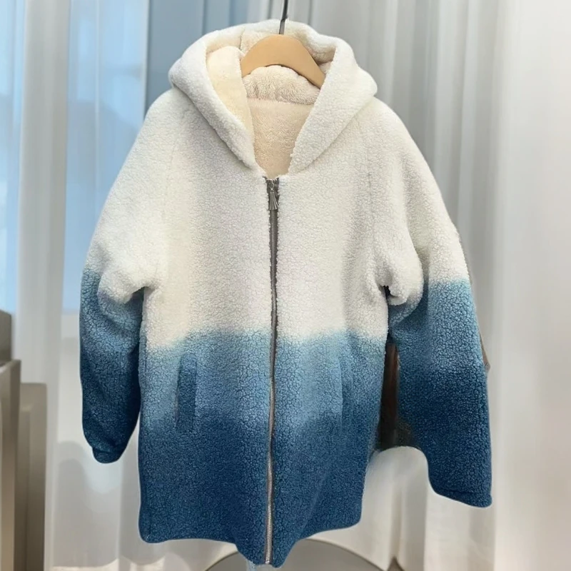 989-保暖厚款秋冬外套连帽蓝色上衣外套加绒中老年女