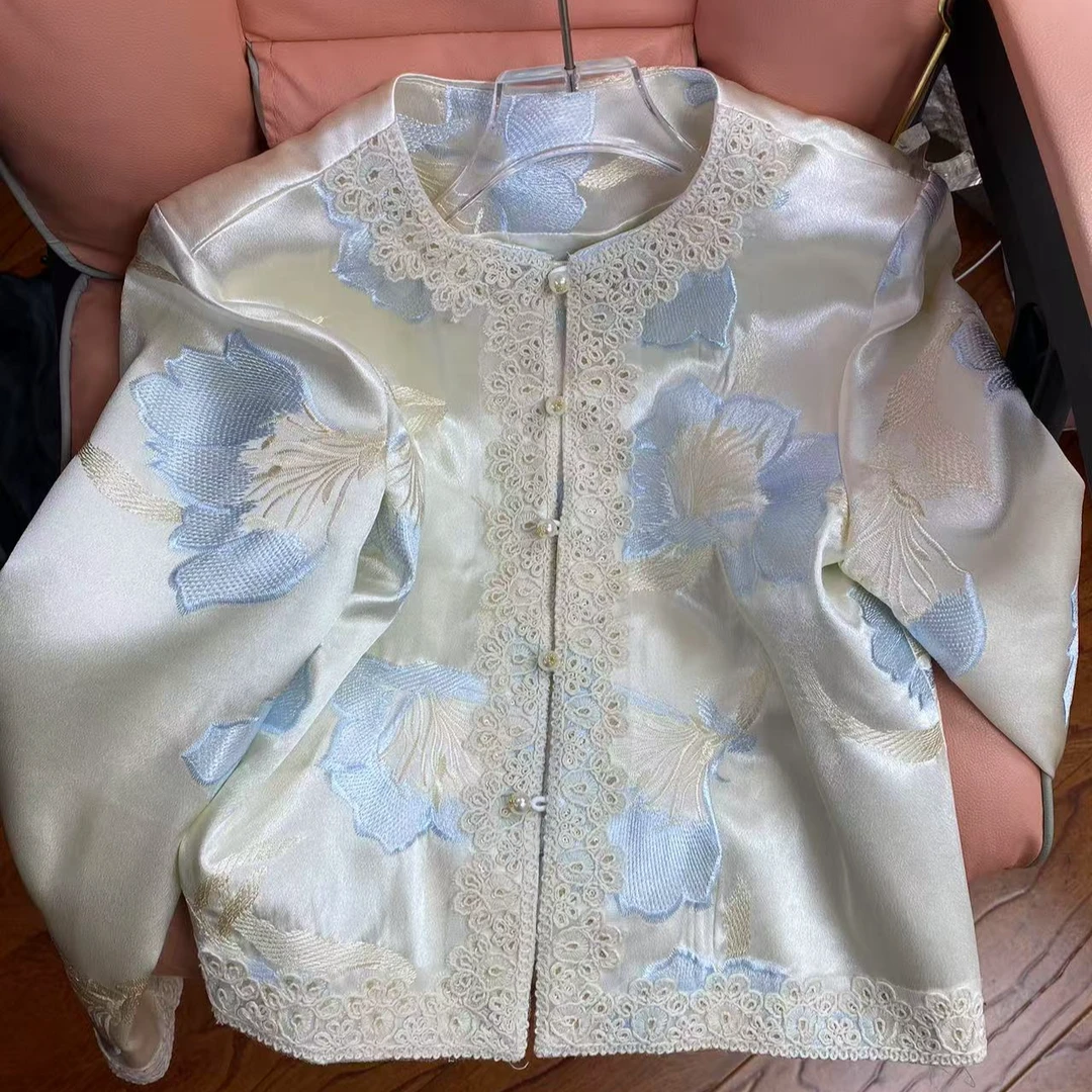 【凤羽】刺绣常规款圆领女薄款短外套设计师蕾丝网红开衫上衣提花