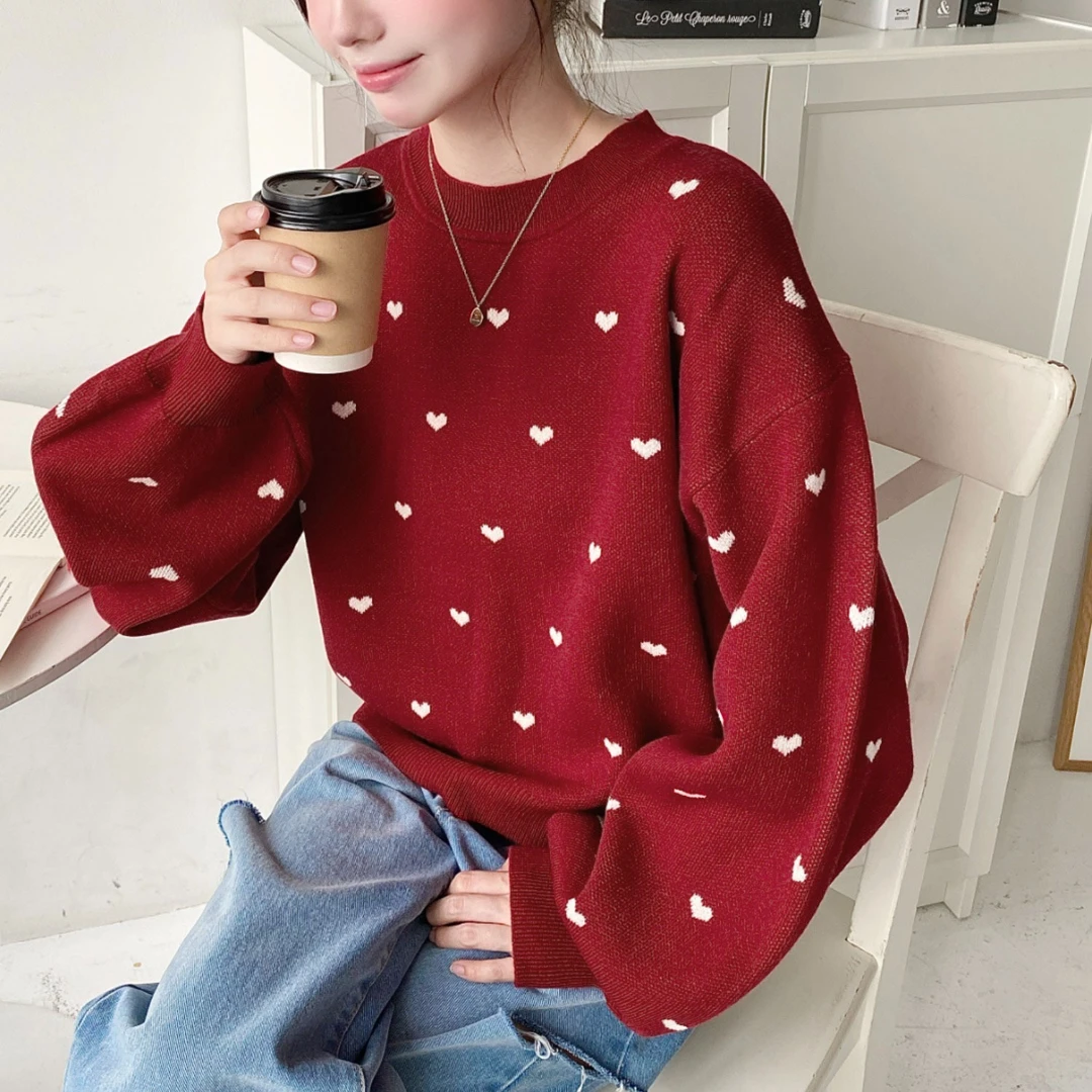 【MonTendre】 秋季新款 M 简约心形花纹提花针织休闲甜美套头针织