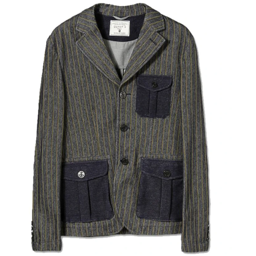 DEPO1256401男士春秋休闲单西时尚百搭气质针织条纹牛仔西装外套