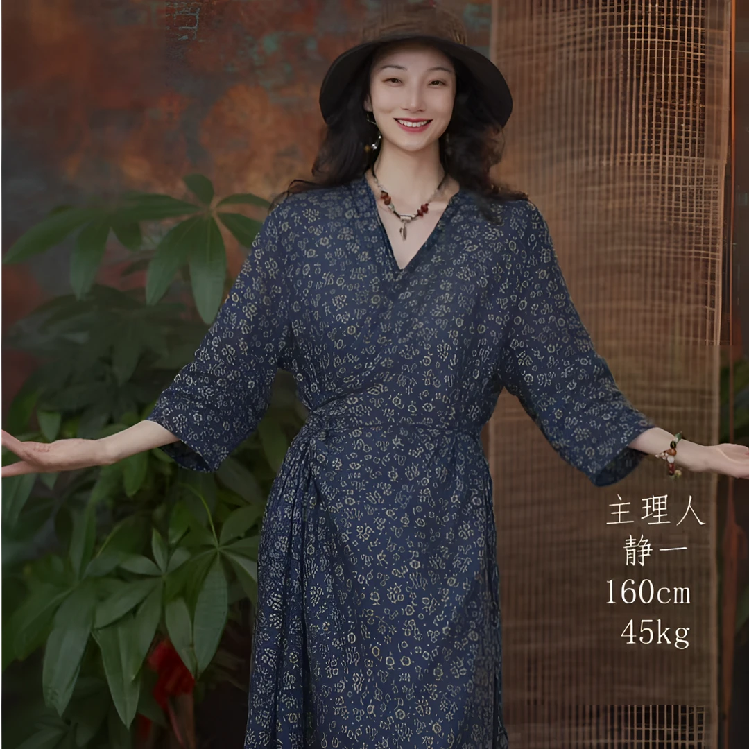 静一棉麻【花想容】#250435 色织亚麻系带连衣裙