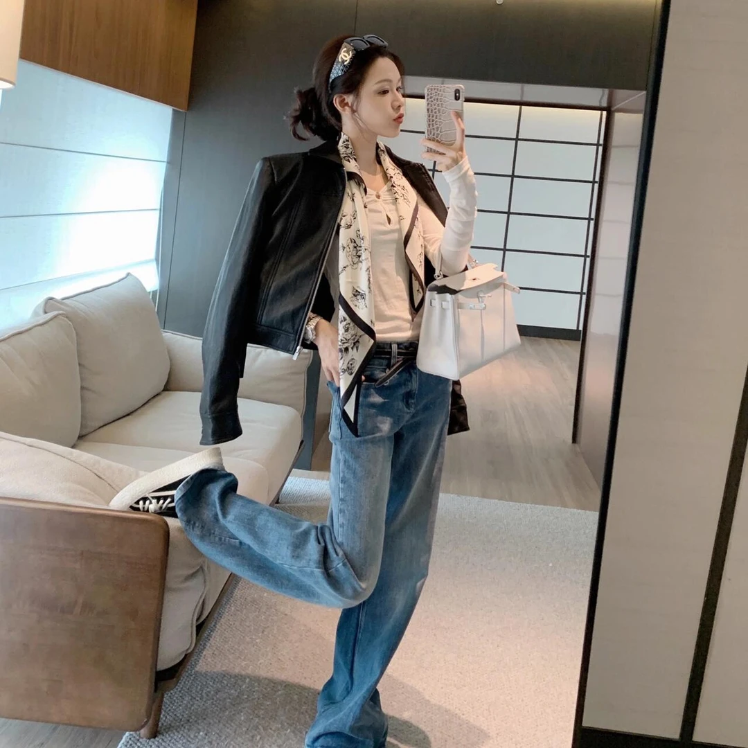 黑色皮衣短款翻领外套高级感休闲上衣女秋季V领打底衫休闲裤套装