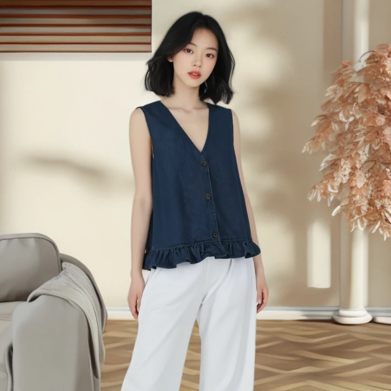 夏季2025新款薄款百搭无袖马甲设计感浪花边边深蓝牛仔无袖上衣