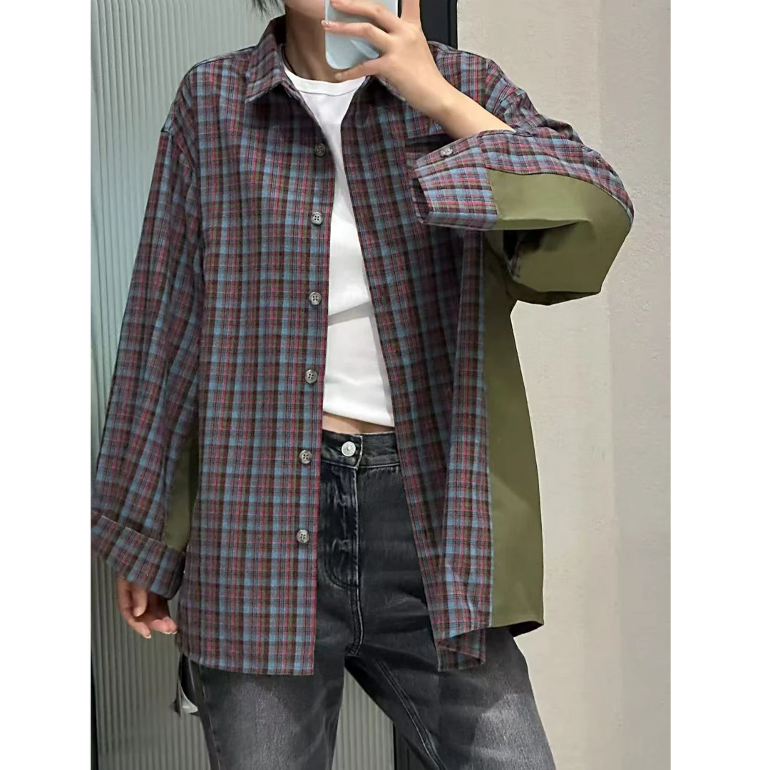 撞色拼接磨毛格纹宽松长袖衬衫H0395