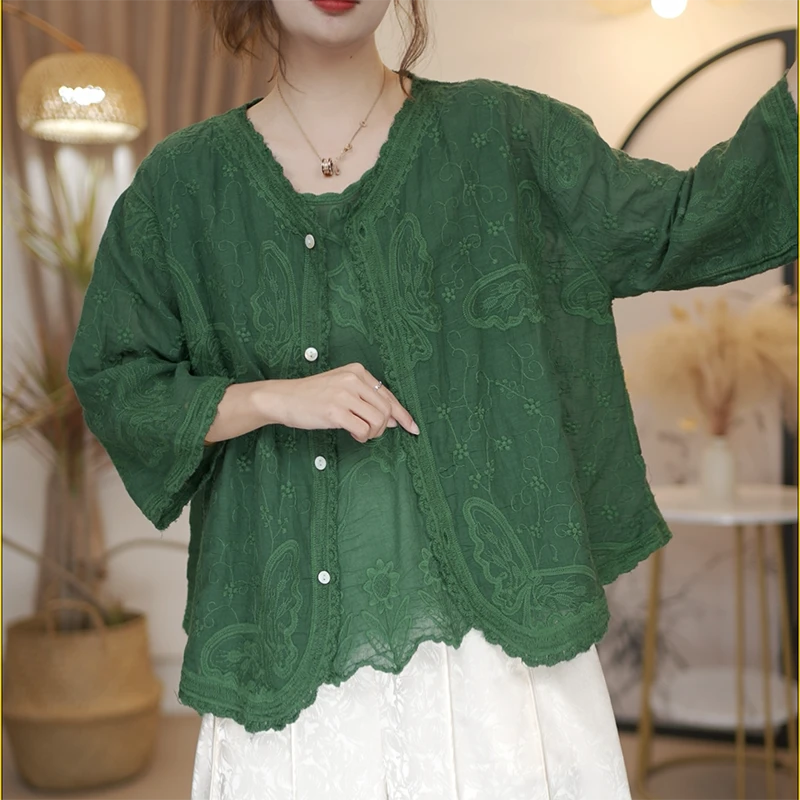 【蝴蝶开衫】夏季新款女式时尚提花蕾丝开衫短袖轻薄款衬衫YA2526