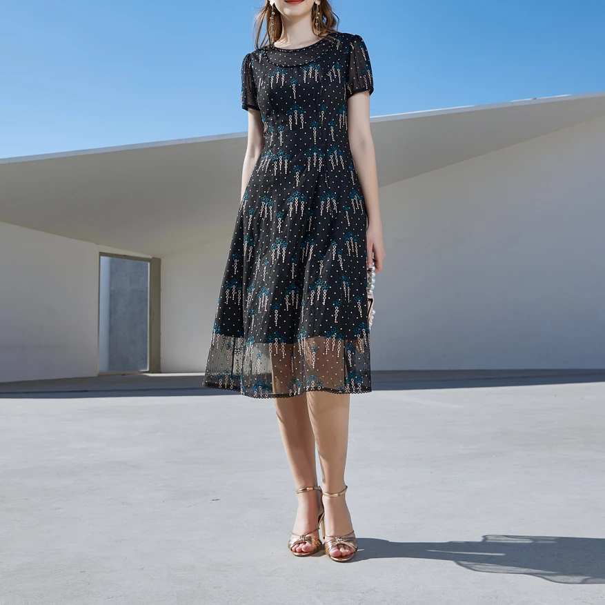 波点蕾丝绣花连衣裙妈妈装#YB52721H-81时尚洋气超显瘦版型中长款