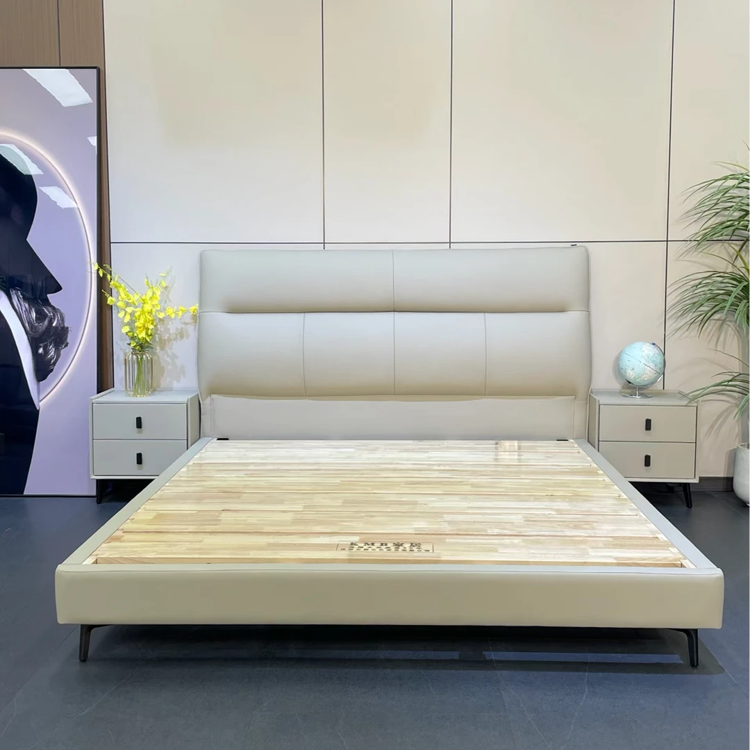 KMB保真头层牛皮主卧床现代极简真皮床1.8米×2米床意式头层牛皮床