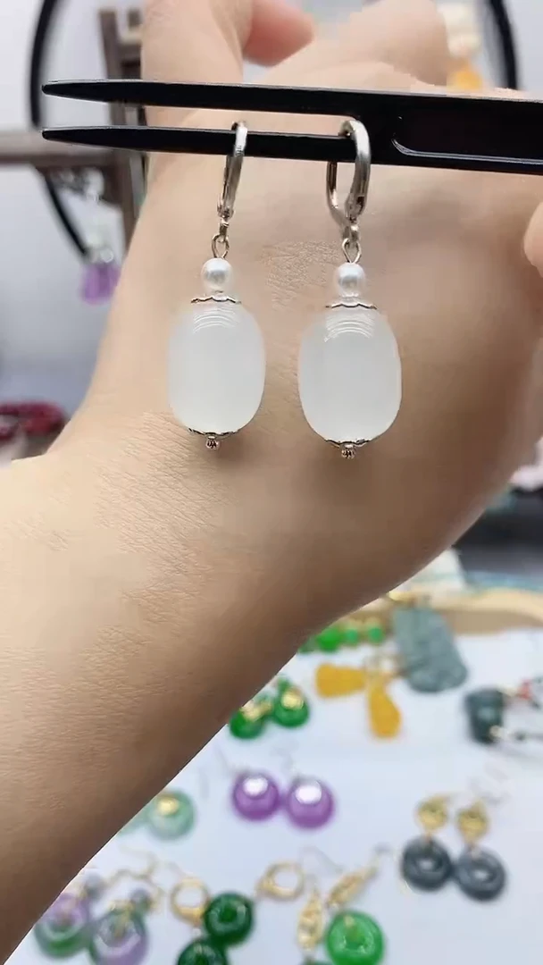 和田玉银S925镶嵌耳饰192