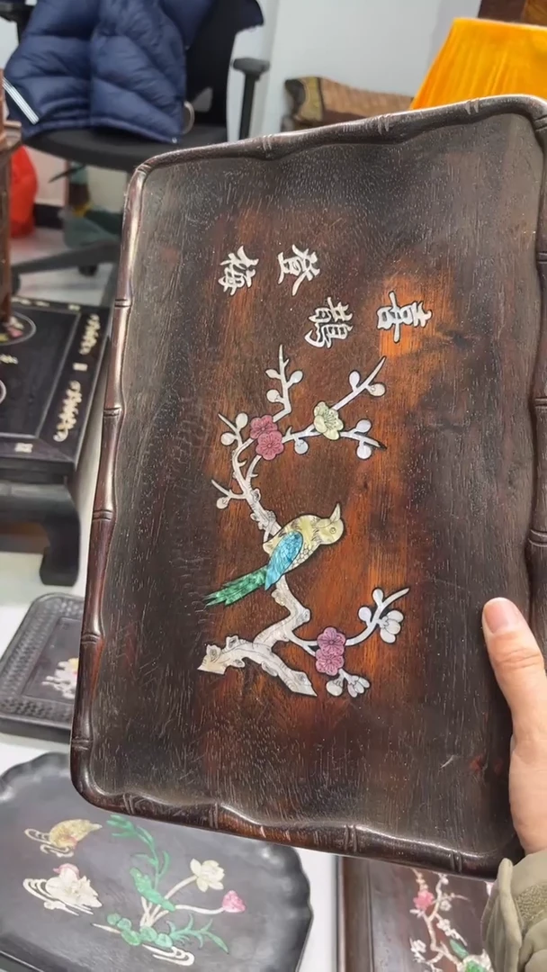 【闪购商品】木喜鹊登梅螺钿茶盘