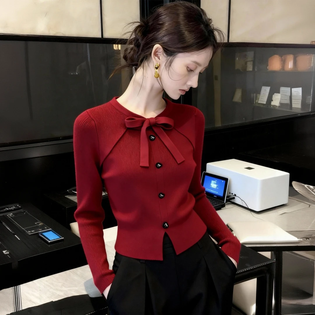 纯欲酒红色慵懒开叉蝴蝶结系带毛衣针织打底衫女内搭秋冬修身上衣
