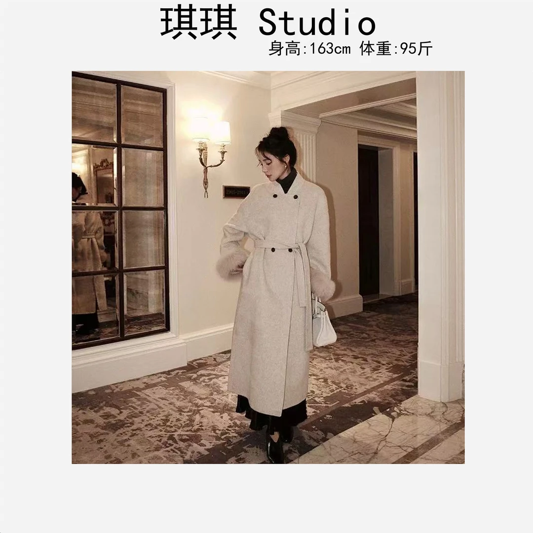 冬季新款轻奢高级长款设计袖口可拆卸气质减龄显瘦百搭羊绒大衣-N