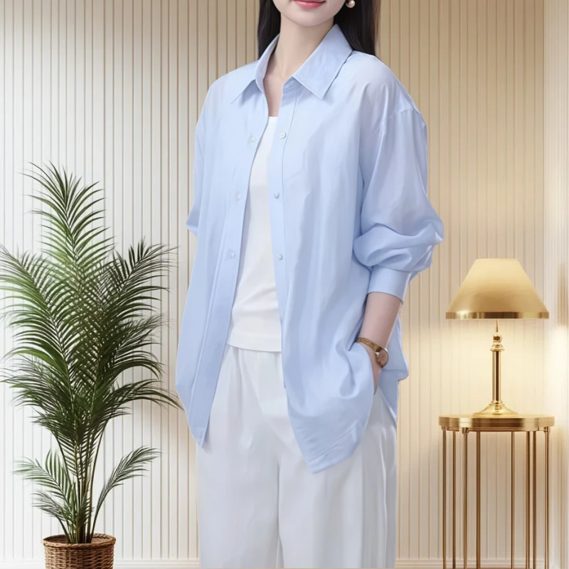 时尚慵懒风通勤风刺绣衬衣2025夏季莱赛尔天丝POLO领气质减龄衬衫