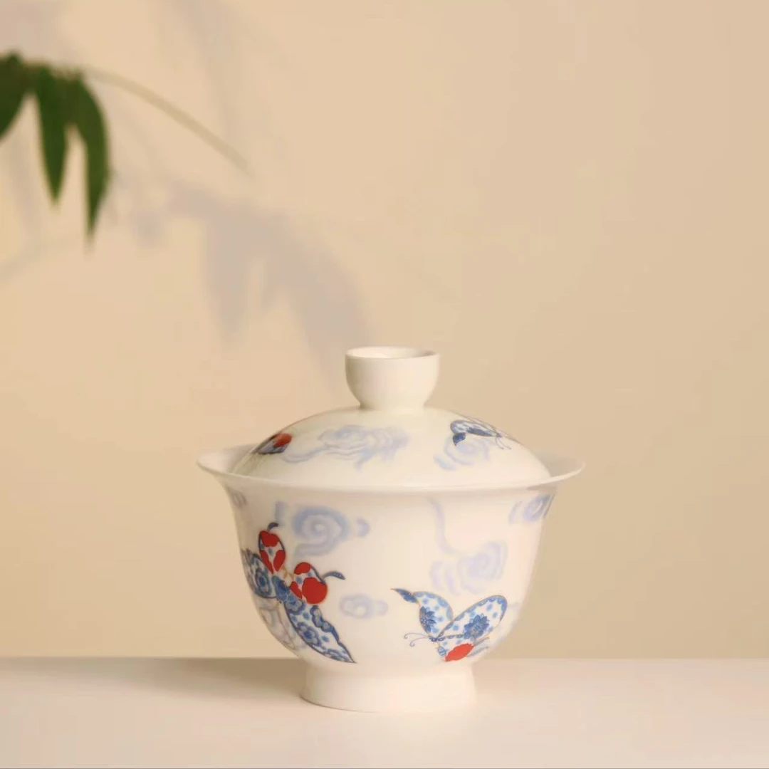 【柒月】白瓷蝴蝶小高足盖碗