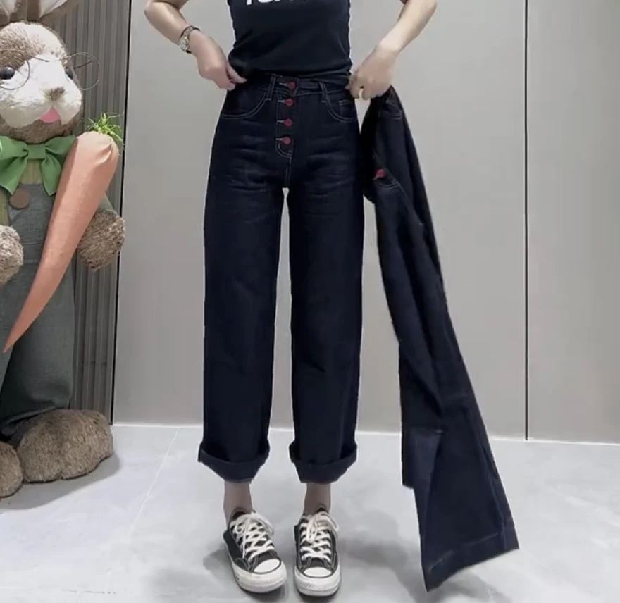 2025年时尚设计感直筒牛仔裤女夏季薄款大码显瘦九分弹力法棍裤子