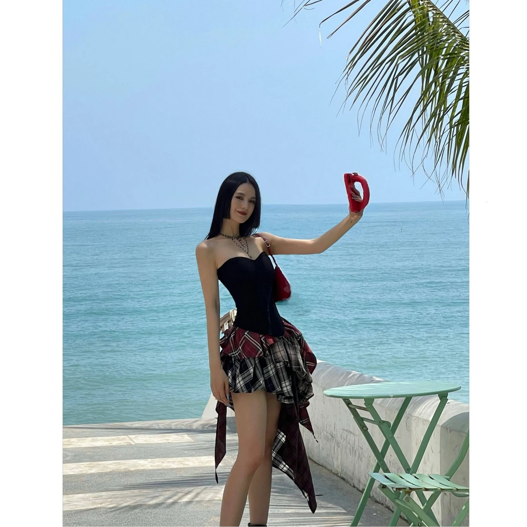 BETTER ME 拼接格子裙设计感不规则辣妹半身裙