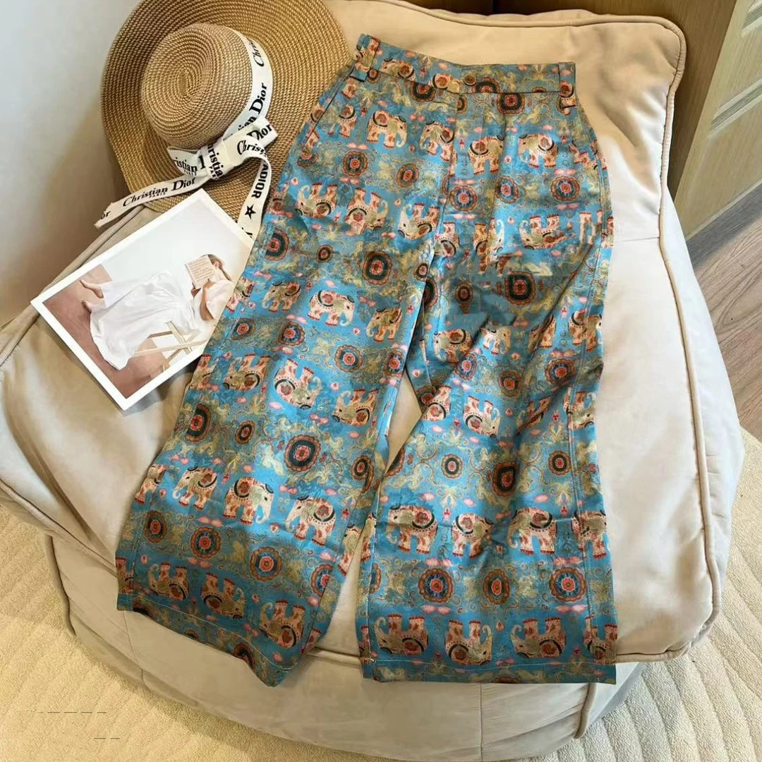 设计感印染招财象九分阔腿休闲裤女2025夏季新款时尚显瘦高腰裤子