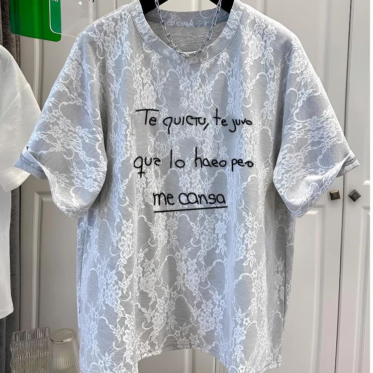 特大码300斤设计感小众蕾丝拼接短袖t恤女2025新款夏季宽松上衣服