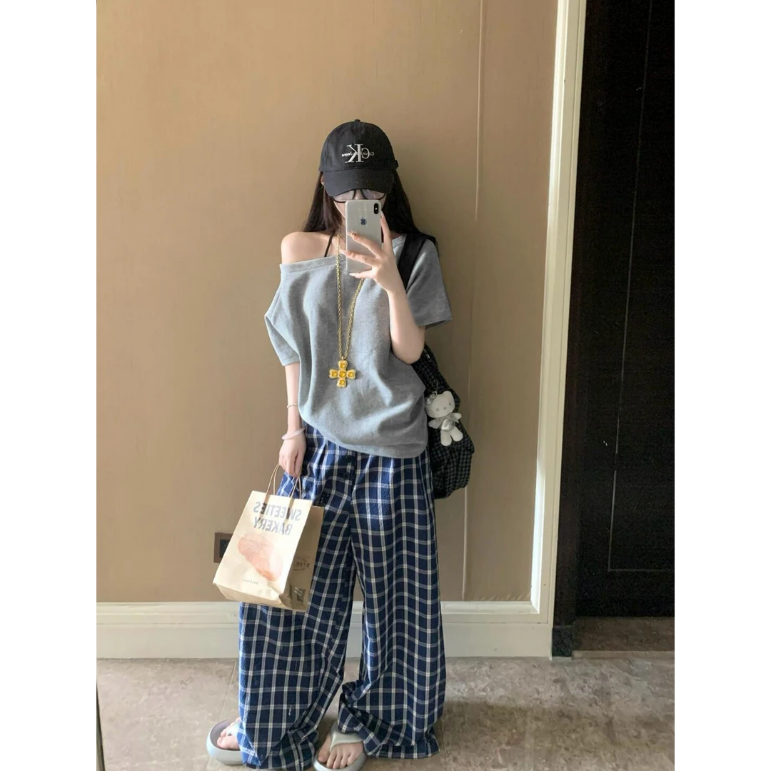 夏季新款性感辣妹穿搭复古宽松显瘦斜肩短袖休闲阔腿裤套装