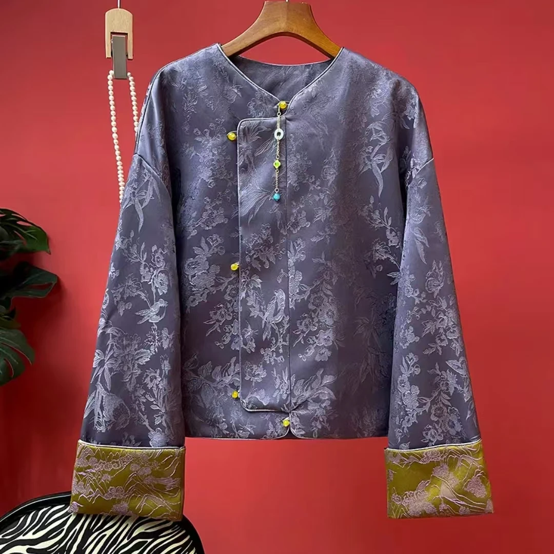 【星哥高定】新中式国风紫色盘扣提花女老钱风高级感气质百搭上衣