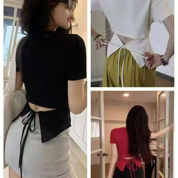 王大温柔家～大码女装小众设计感不规则漏腰圆领半袖