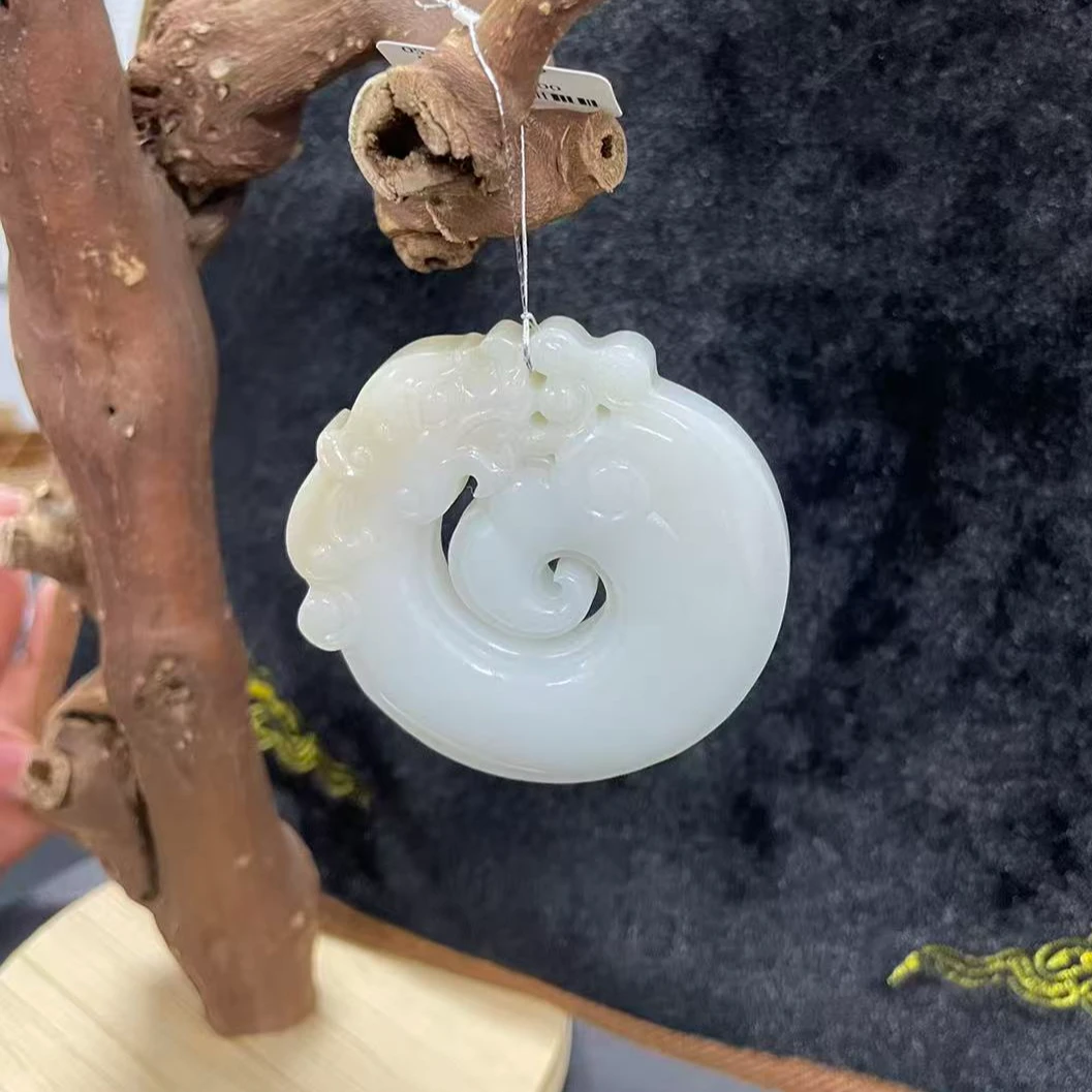 新疆和田玉双龙吊坠新疆白玉镂空平安环男女款玉坠