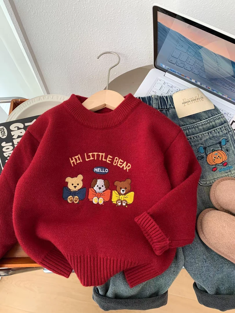 2026新春韩版儿童毛衣卡通小狗毛衣男女童红色加绒圆领针织衫年服