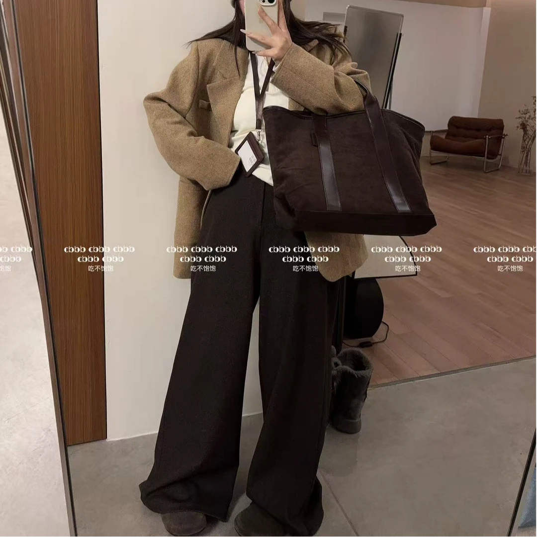 【吃不饱饱】大码 乌木沉香 复古高腰西装裤深色宽松阔腿裤25005