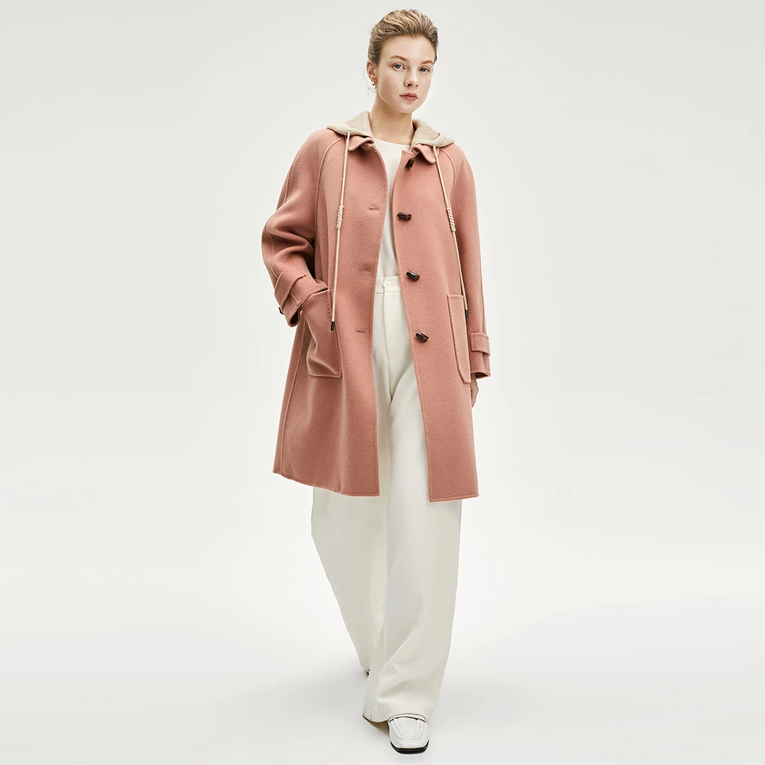 门店10&59！手工制，100%绵羊毛~可拆卸连帽双面呢大衣女 M13576