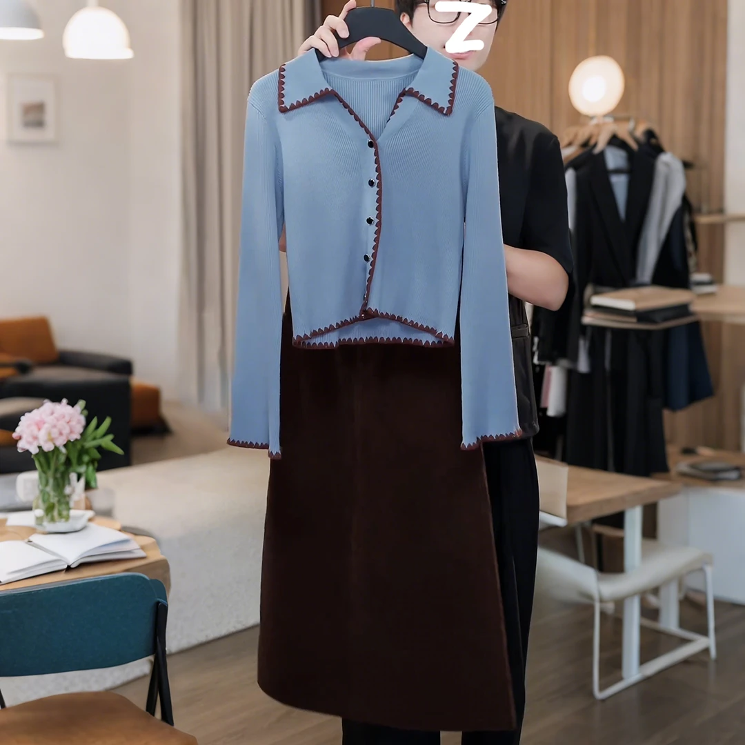 设计感V领针织开衫半身裙套装女秋季新款韩版小个子穿搭一整套潮