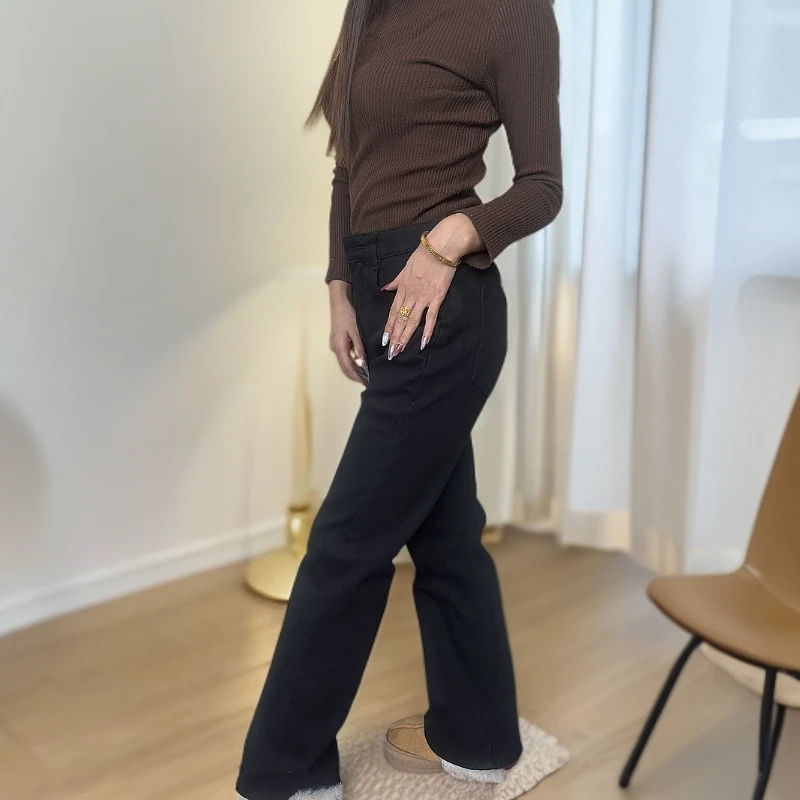 【2002】2025年新款黑色加绒直筒裤显瘦时尚休闲修身直筒裤