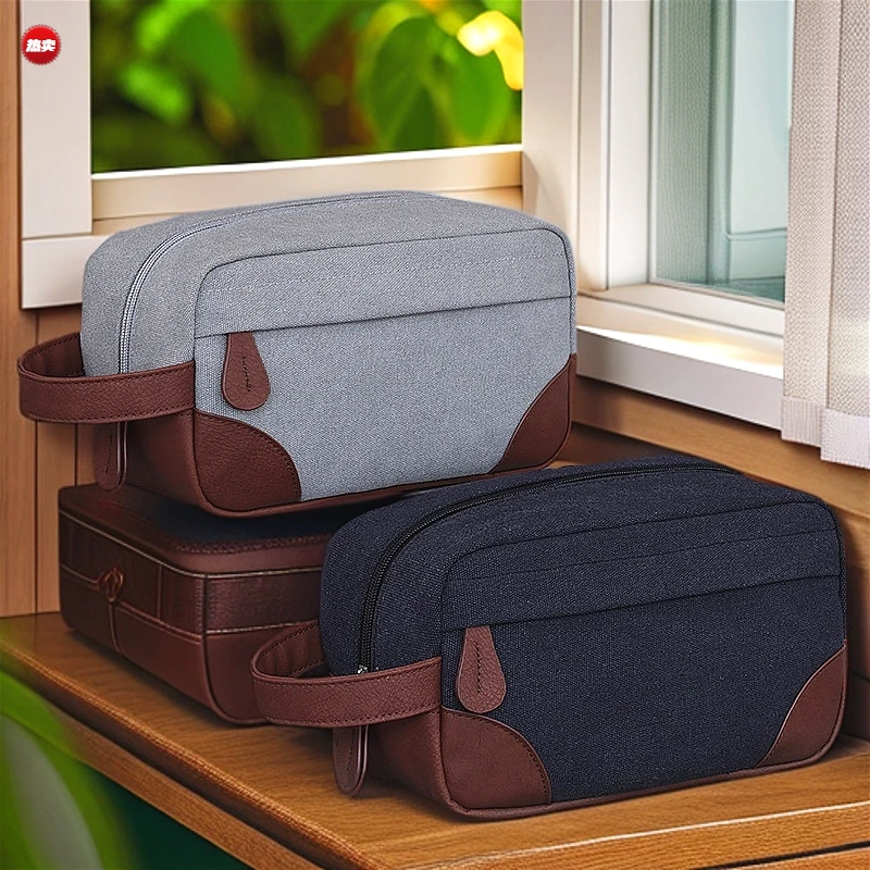 复古洗漱包男士拼接帆布高端女化妆收纳包旅行游泳洗澡包2025新款