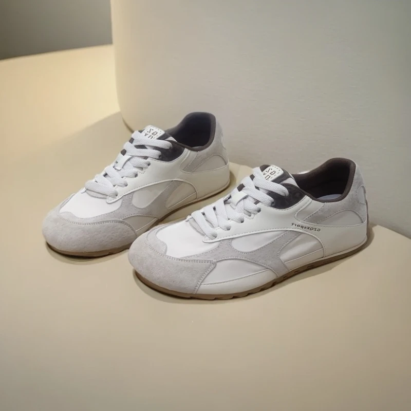 2852-1时尚拼色德训鞋女 真皮透气复古真皮圆头系带运动休闲鞋女