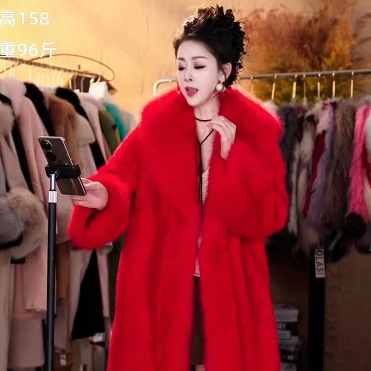 2024年秋冬新款百搭女加厚毛毛大衣韩版时尚长款大红大衣保暖外套