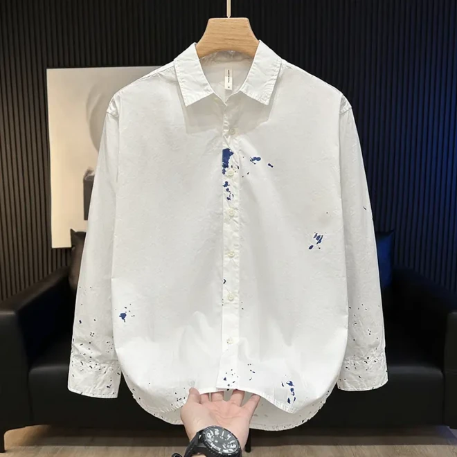 春秋季扎染长袖衬衫男潮流帅气百搭休闲宽松翻领纯棉男装衬衣外套
