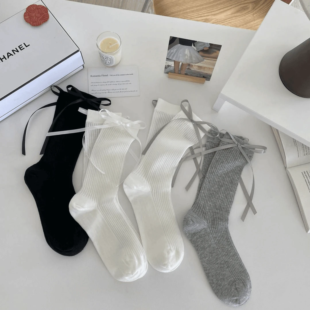 芭蕾风蝴蝶结袜子女中筒袜春夏纯色薄款棉袜配小皮鞋日系堆堆袜