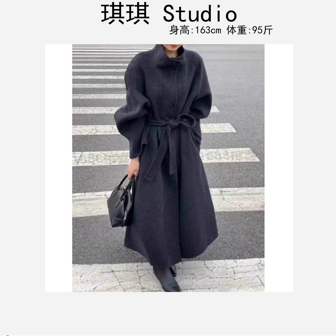 冬季新款轻奢高级感带腰带立领单排扣气质时尚显瘦减龄羊绒外套-N