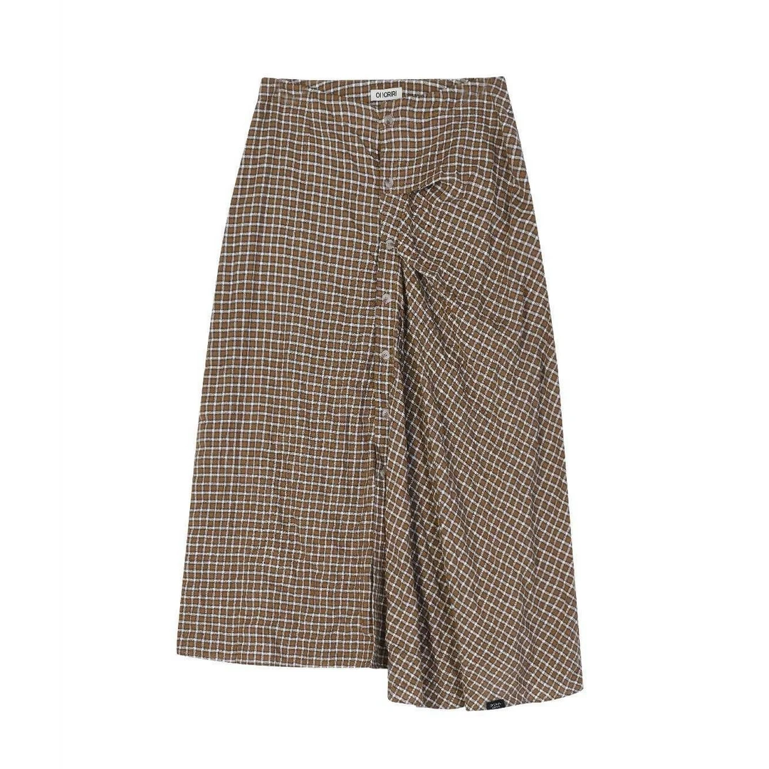 OR25春夏新款褶皱不规则格纹半裙