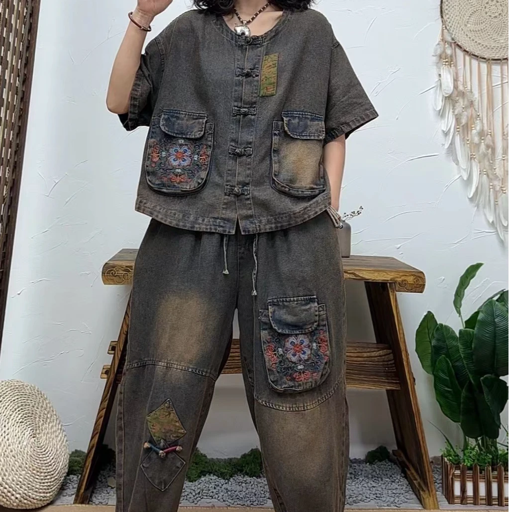 新款775薄款单排扣春夏休闲民族风百搭休闲宽松牛仔时尚