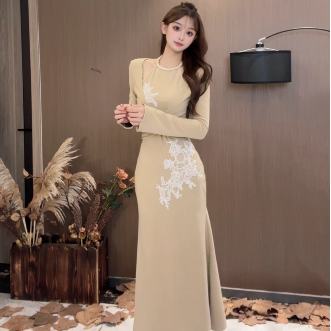 秋冬加绒假两件优雅长袖连衣裙鱼尾长裙