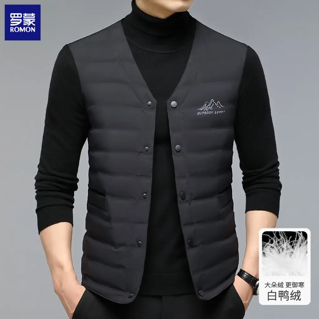 罗蒙2025秋冬季轻薄白鸭绒男装秋冬保暖背心纯色简约无领内穿马甲