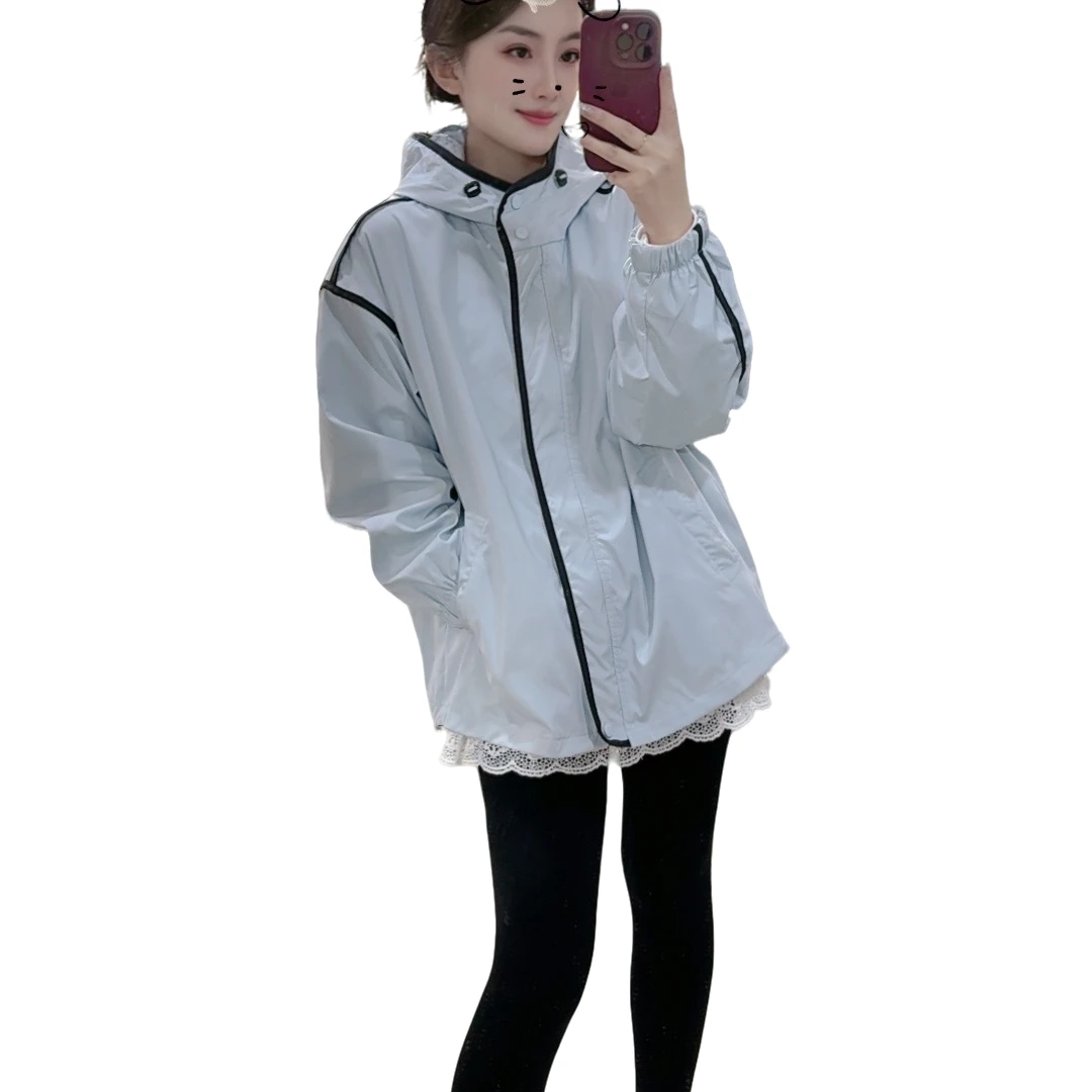 春款拼色连帽风衣外套