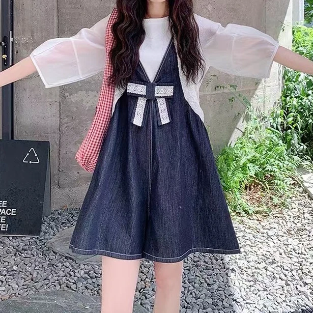 蝴蝶结牛仔背带裤T恤套装女夏季时尚连体裤蝴蝶结阔腿短裤两件套