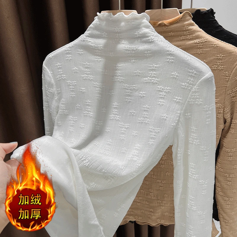 白色加绒加厚蕾丝小衫女洋气内搭秋冬设计感木耳半高领打底衫上衣