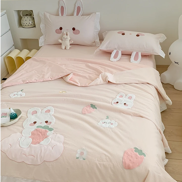 卡通风可爱兔子水洗棉夏凉被四件套刺绣花边空调被少女薄被子单件